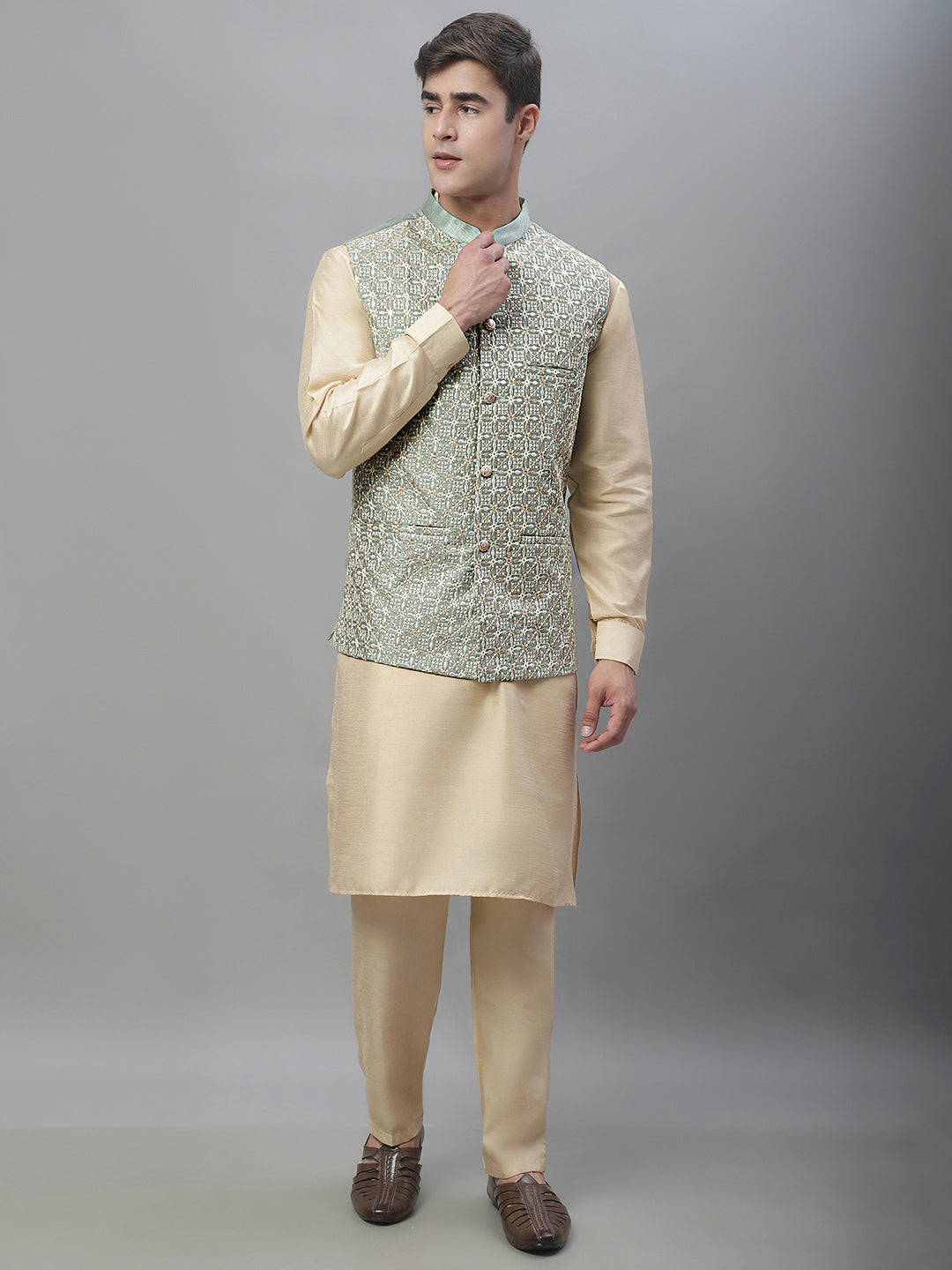 Solid Kurta Pyjama with Embroidered Nehru Jacket ( ANMKPWC 110G 7001Pista )