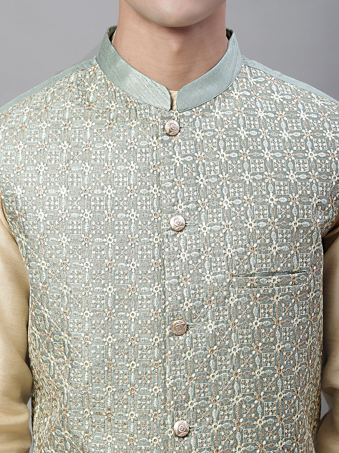Solid Kurta Pyjama with Embroidered Nehru Jacket ( ANMKPWC 110G 7001Pista )