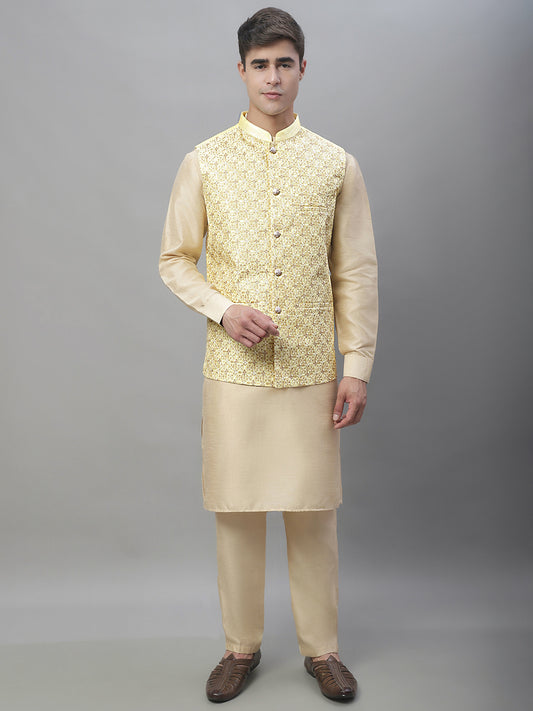 Solid Kurta Pyjama with Embroidered Nehru Jacket ( ANMKPWC 110G 7001Yellow )