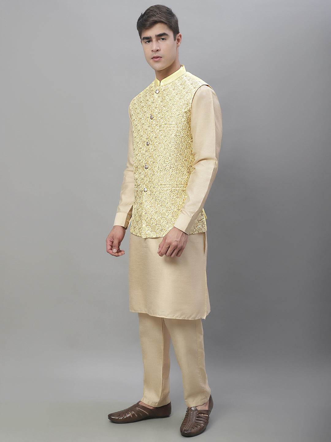 Solid Kurta Pyjama with Embroidered Nehru Jacket ( ANMKPWC 110G 7001Yellow )