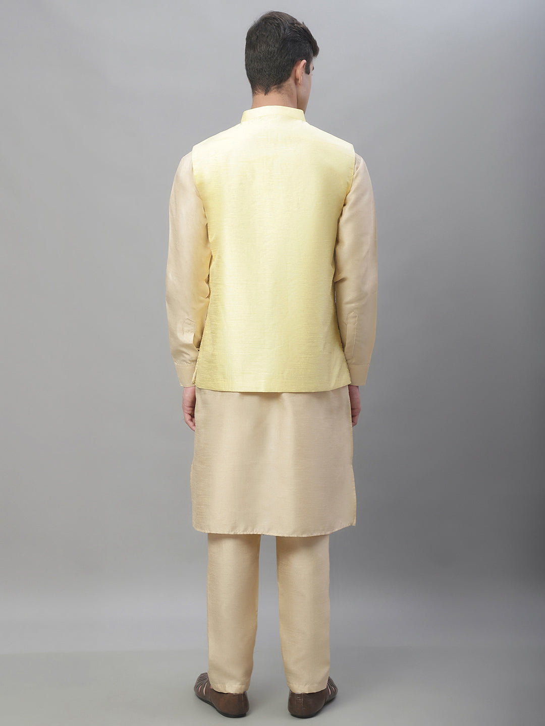 Solid Kurta Pyjama with Embroidered Nehru Jacket ( ANMKPWC 110G 7001Yellow )