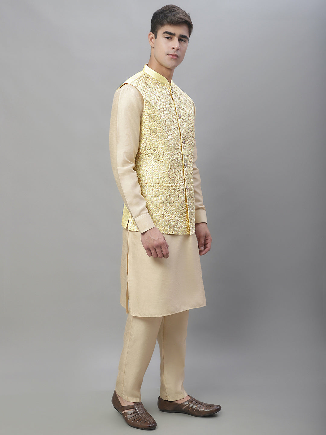 Solid Kurta Pyjama with Embroidered Nehru Jacket ( ANMKPWC 110G 7001Yellow )