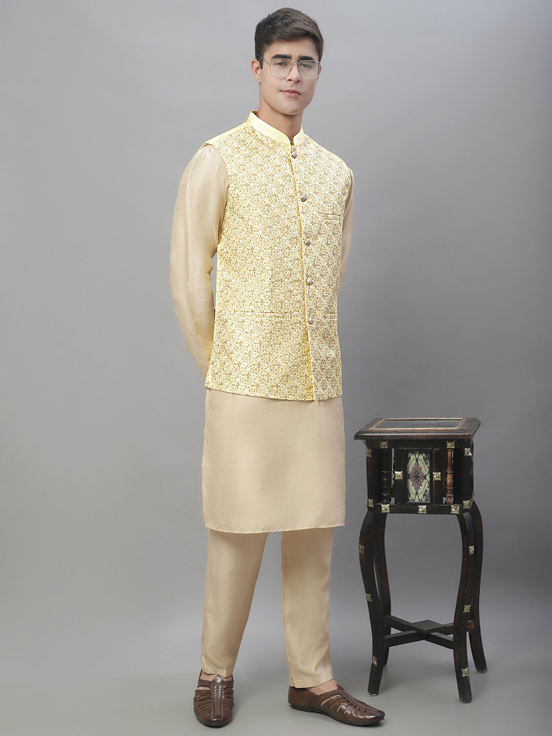 Solid Kurta Pyjama with Embroidered Nehru Jacket ( ANMKPWC 110G 7001Yellow )