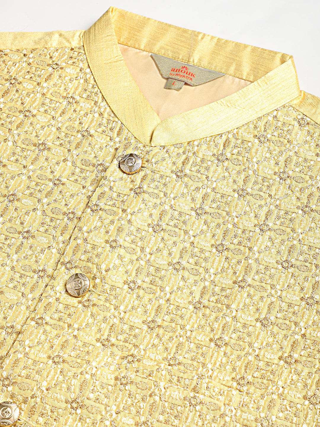 Solid Kurta Pyjama with Embroidered Nehru Jacket ( ANMKPWC 110G 7001Yellow )