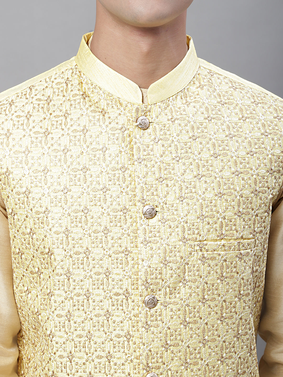 Solid Kurta Pyjama with Embroidered Nehru Jacket ( ANMKPWC 110G 7001Yellow )