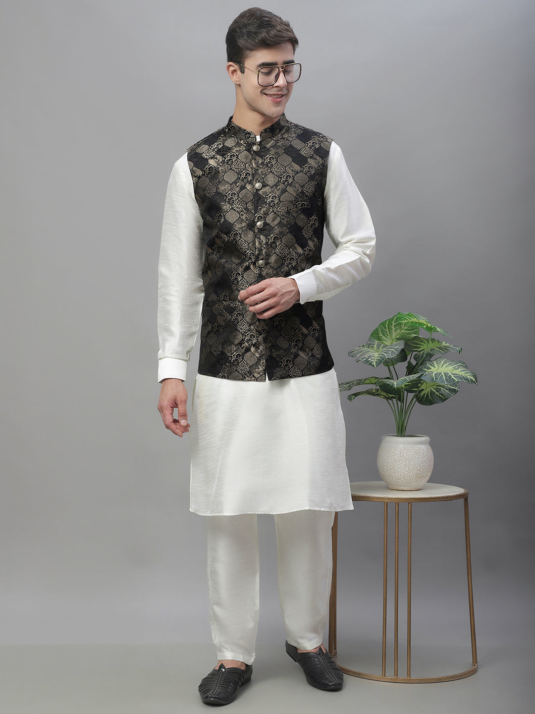 Solid Kurta Pyjama with Woven Design Nehru Jacket ( ANMKPWC 110W 7002Golden )