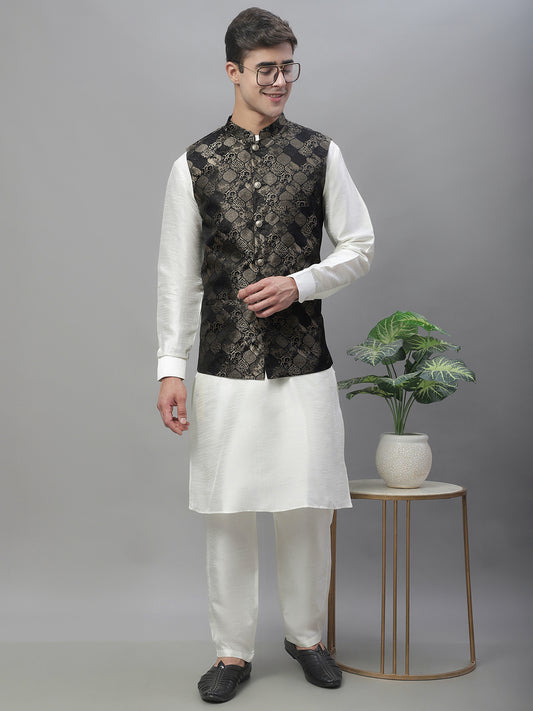 Solid Kurta Pyjama with Woven Design Nehru Jacket ( ANMKPWC 110W 7002Golden )