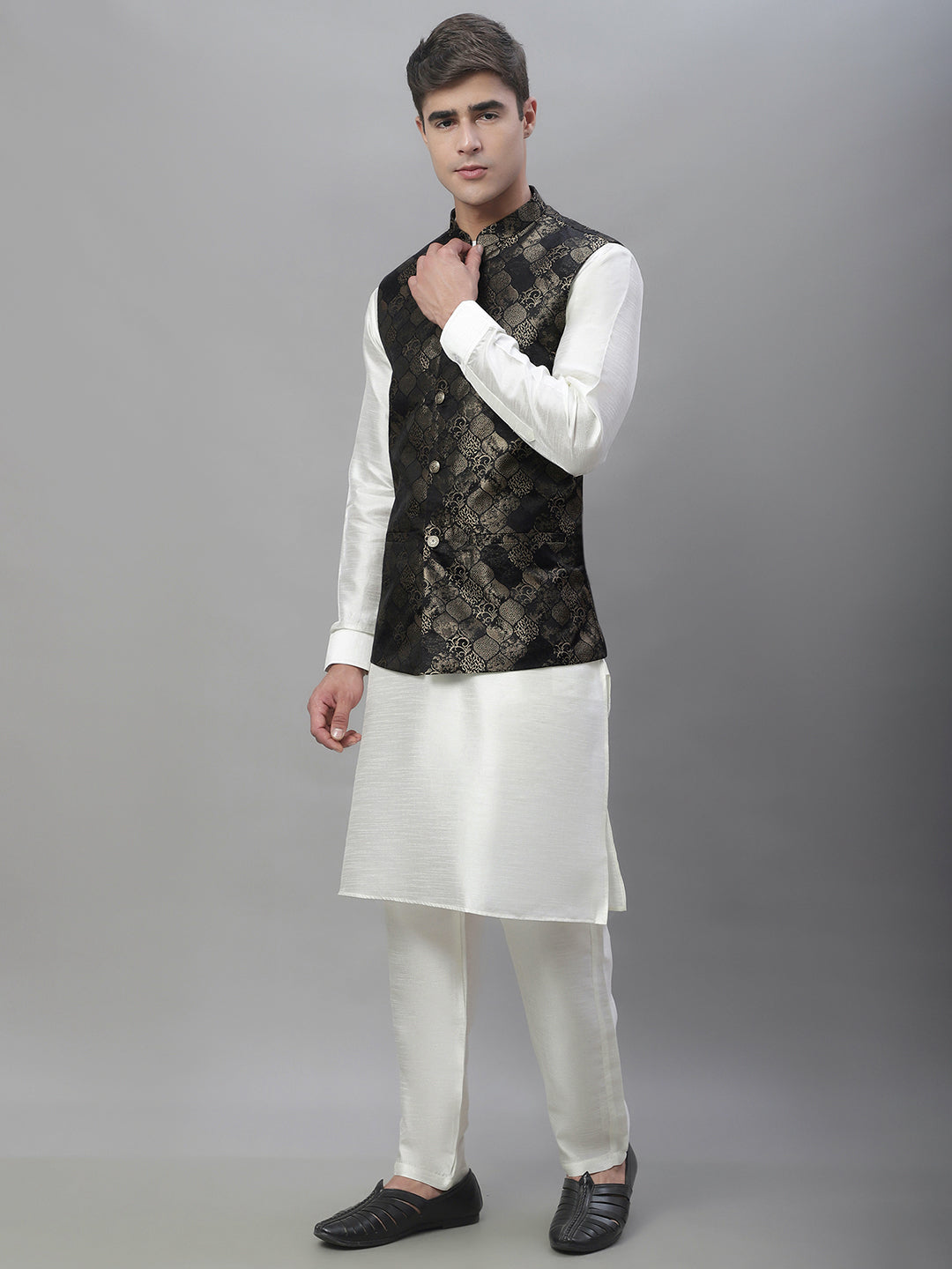Solid Kurta Pyjama with Woven Design Nehru Jacket ( ANMKPWC 110W 7002Golden )