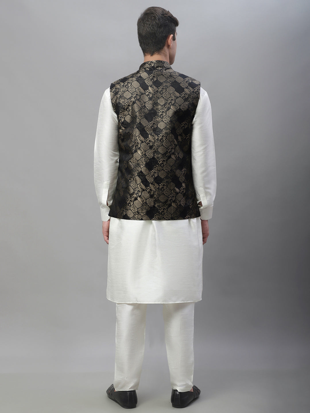 Solid Kurta Pyjama with Woven Design Nehru Jacket ( ANMKPWC 110W 7002Golden )