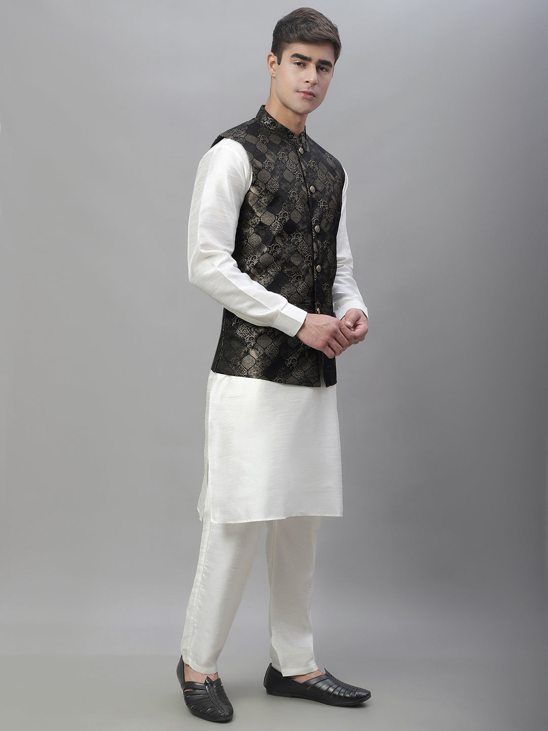 Solid Kurta Pyjama with Woven Design Nehru Jacket ( ANMKPWC 110W 7002Golden )