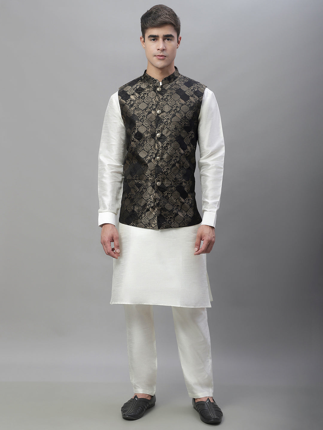 Solid Kurta Pyjama with Woven Design Nehru Jacket ( ANMKPWC 110W 7002Golden )
