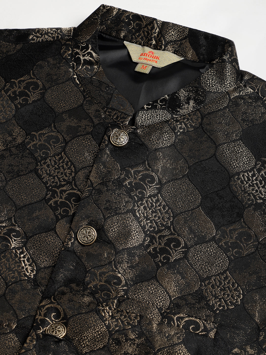 Solid Kurta Pyjama with Woven Design Nehru Jacket ( ANMKPWC 110W 7002Golden )