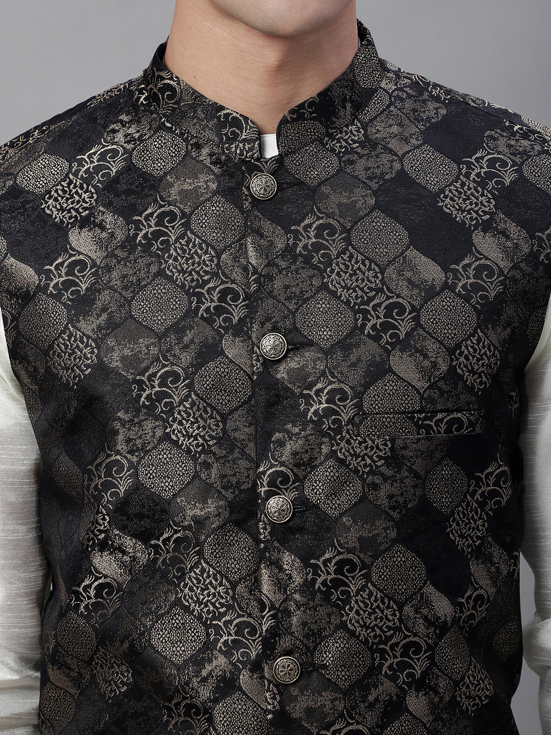 Solid Kurta Pyjama with Woven Design Nehru Jacket ( ANMKPWC 110W 7002Golden )