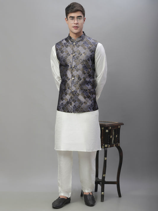 Solid Kurta Pyjama with Woven Design Nehru Jacket ( ANMKPWC 110W 7002Grey )