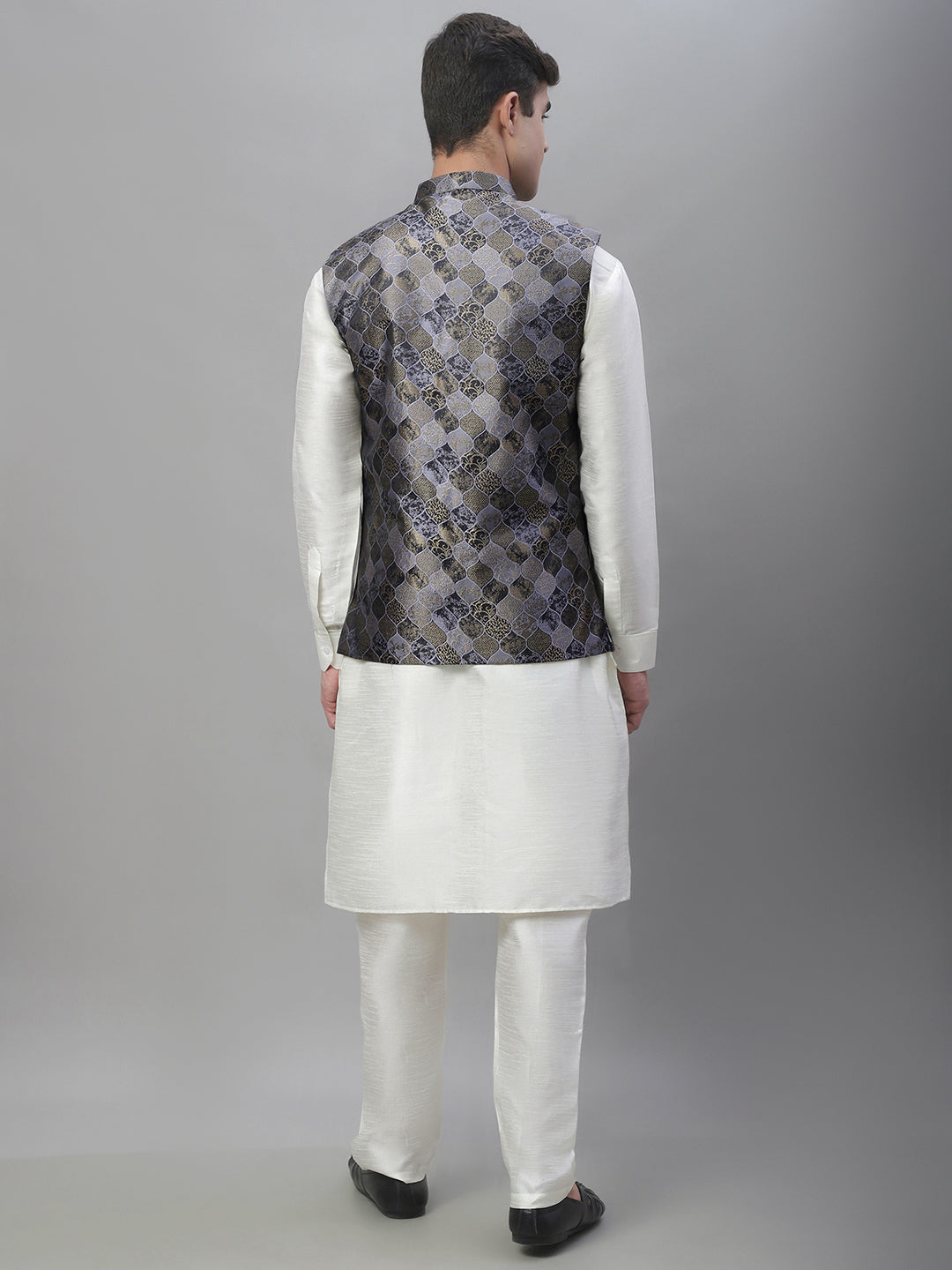 Solid Kurta Pyjama with Woven Design Nehru Jacket ( ANMKPWC 110W 7002Grey )