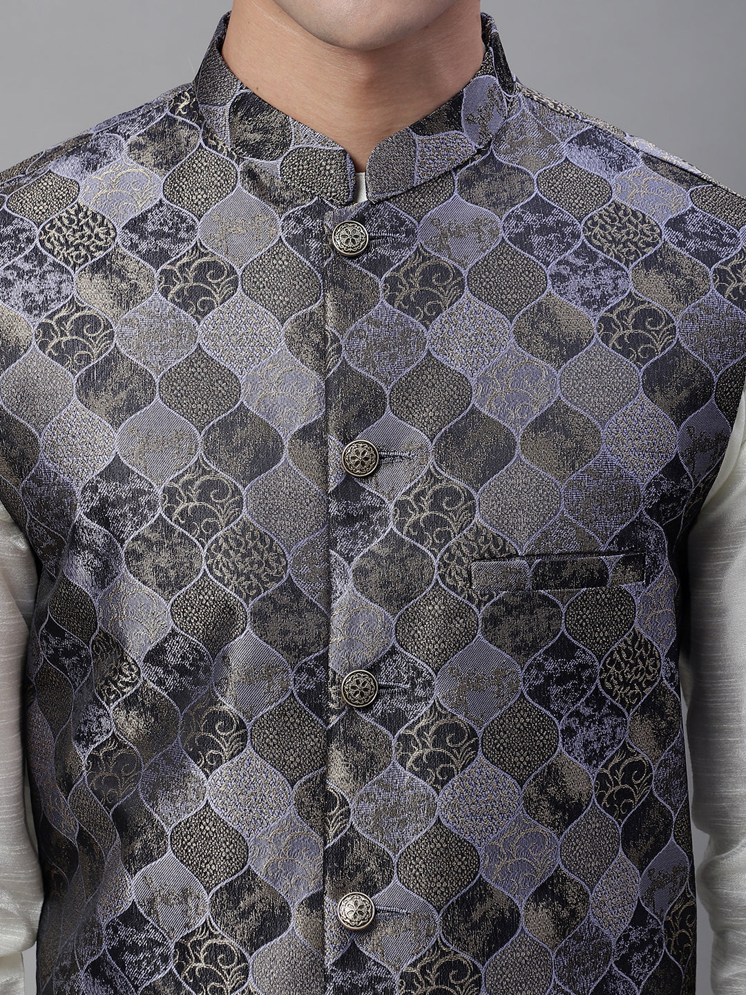 Solid Kurta Pyjama with Woven Design Nehru Jacket ( ANMKPWC 110W 7002Grey )