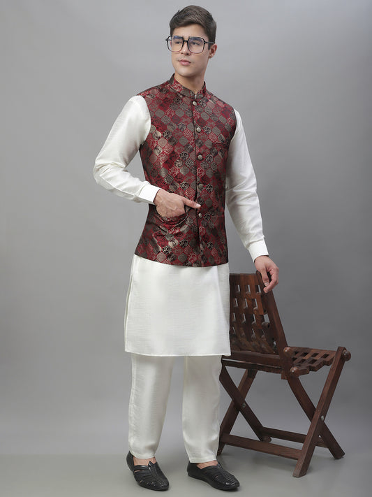Solid Kurta Pyjama with Woven Design Nehru Jacket ( ANMKPWC 110W 7002Maroon )
