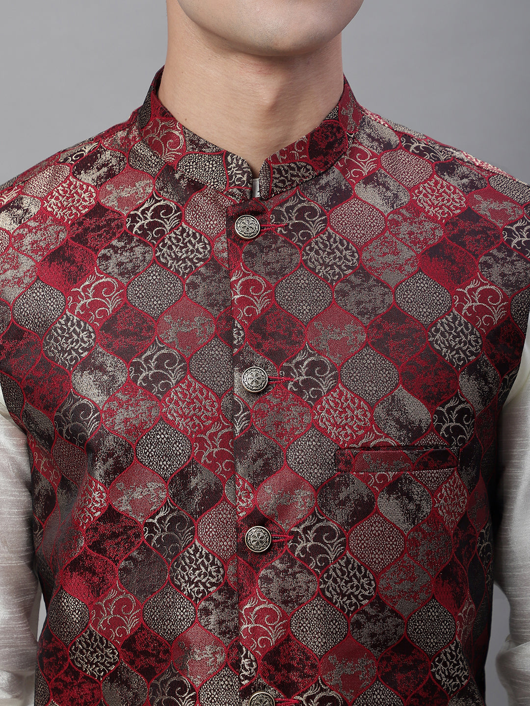 Solid Kurta Pyjama with Woven Design Nehru Jacket ( ANMKPWC 110W 7002Maroon )