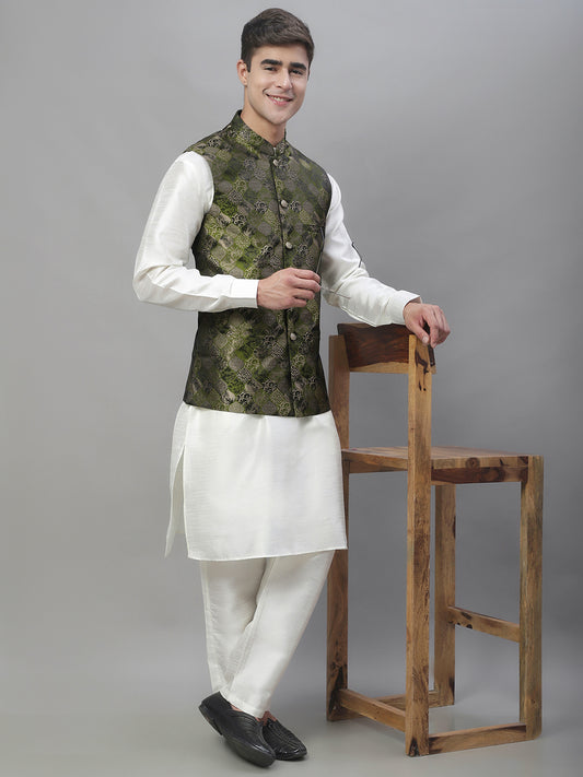 Solid Kurta Pyjama with Woven Design Nehru Jacket ( ANMKPWC 110W 7002Olive )