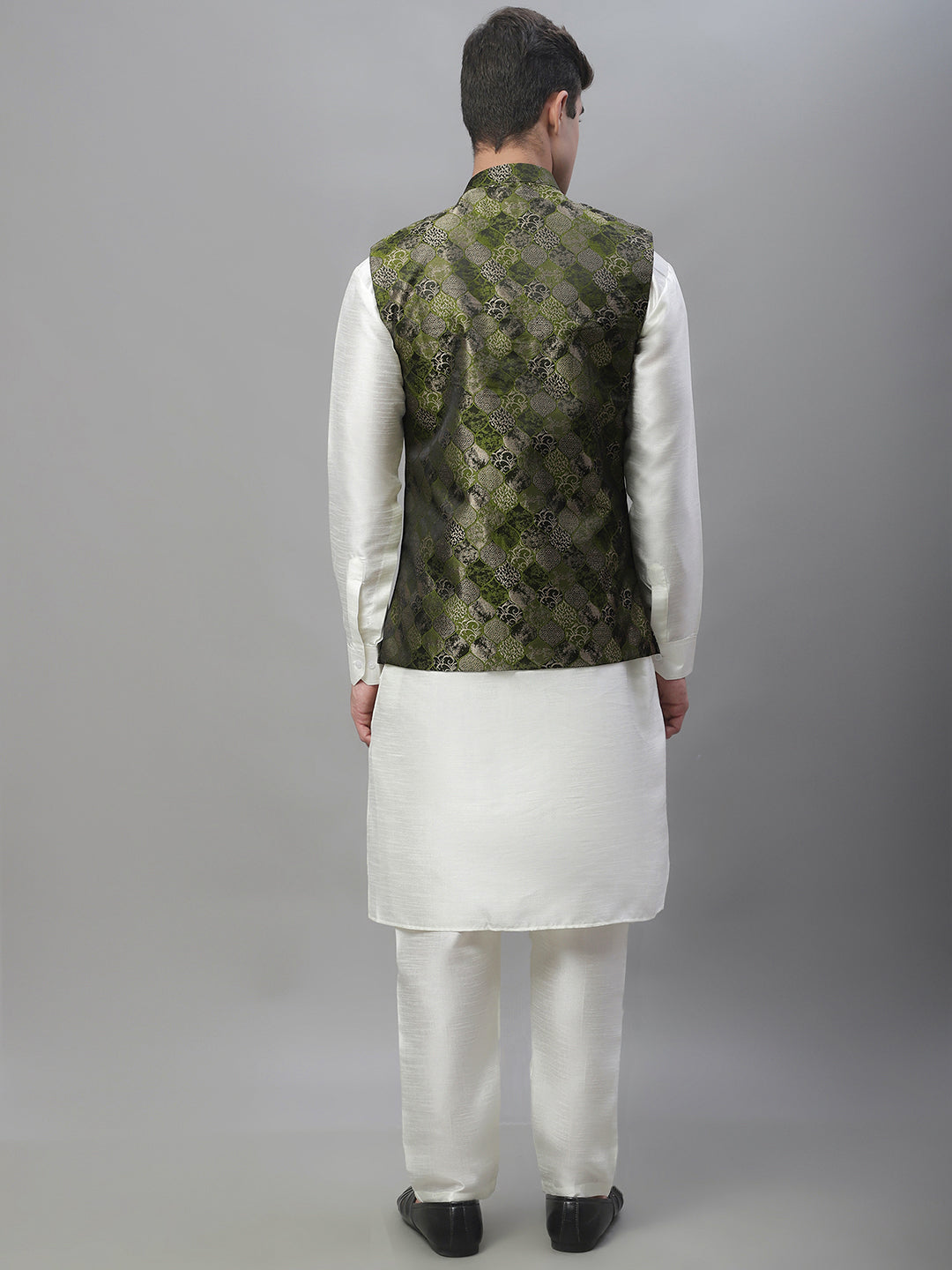 Solid Kurta Pyjama with Woven Design Nehru Jacket ( ANMKPWC 110W 7002Olive )