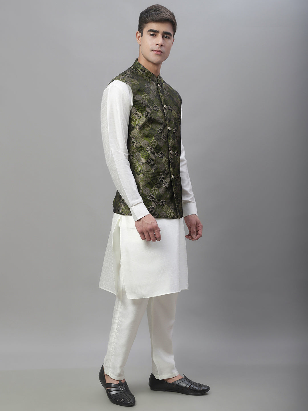 Solid Kurta Pyjama with Woven Design Nehru Jacket ( ANMKPWC 110W 7002Olive )