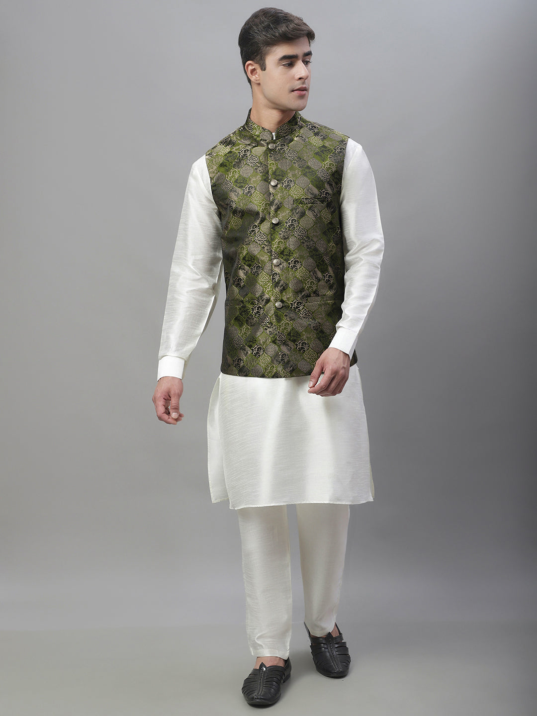 Solid Kurta Pyjama with Woven Design Nehru Jacket ( ANMKPWC 110W 7002Olive )