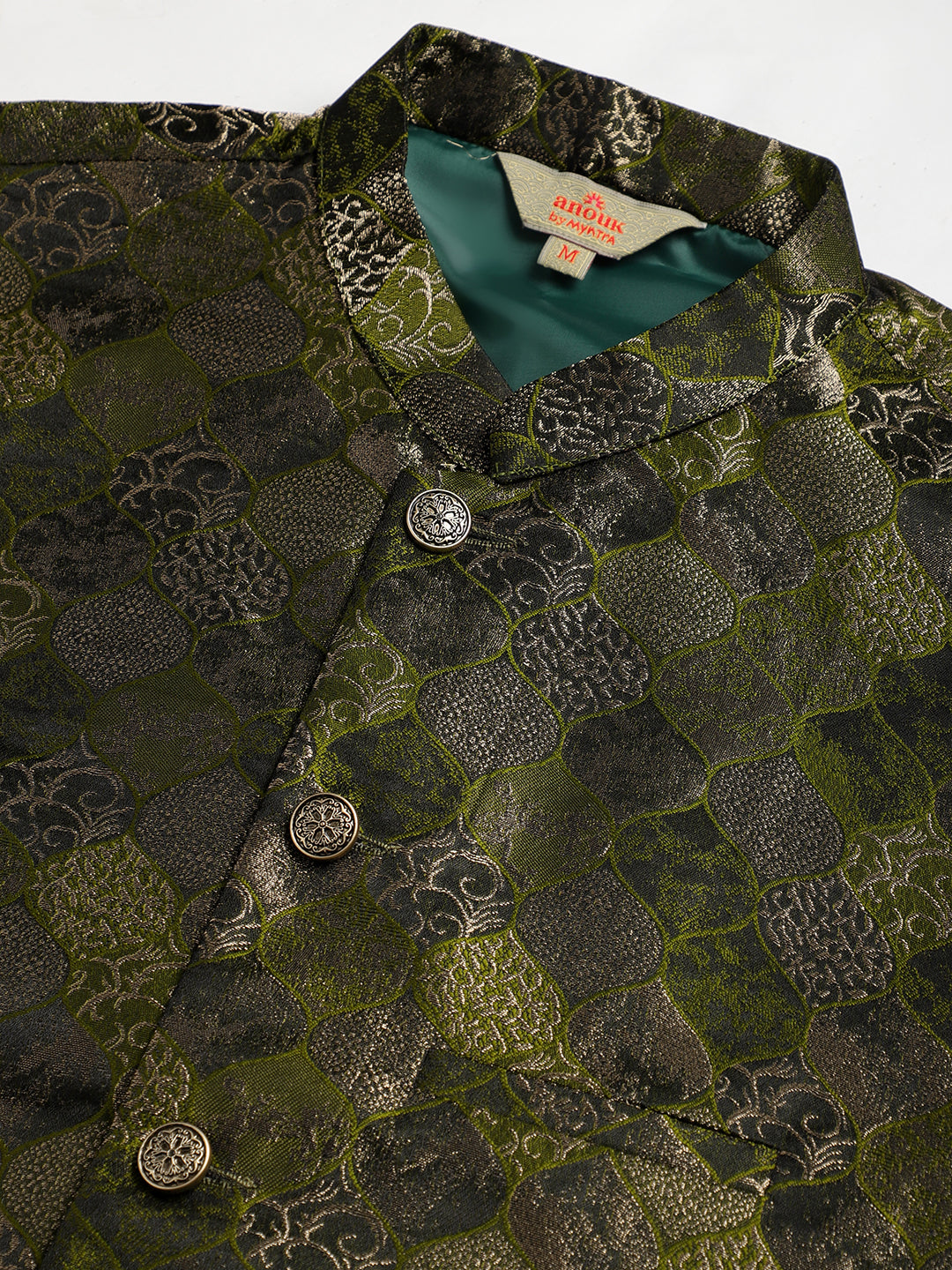 Solid Kurta Pyjama with Woven Design Nehru Jacket ( ANMKPWC 110W 7002Olive )