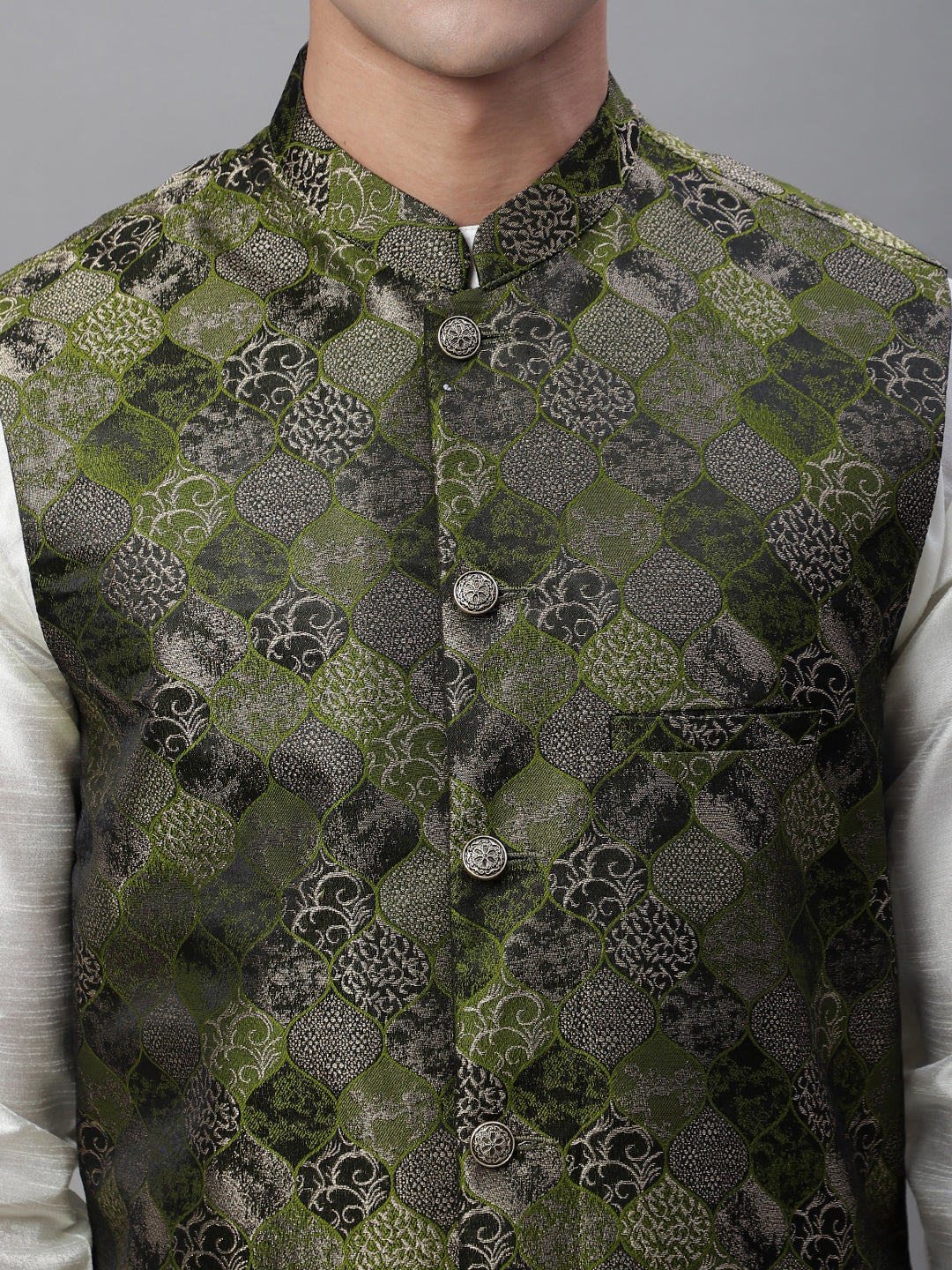 Solid Kurta Pyjama with Woven Design Nehru Jacket ( ANMKPWC 110W 7002Olive )