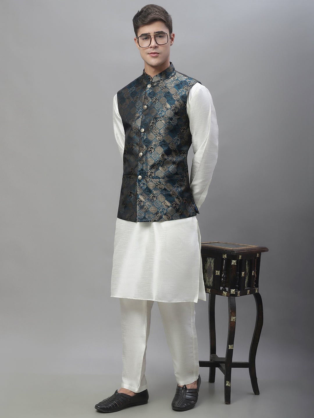 Solid Kurta Pyjama with Woven Design Nehru Jacket ( ANMKPWC 110W 7002Teal )