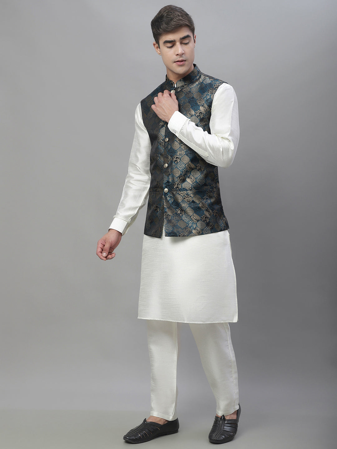 Solid Kurta Pyjama with Woven Design Nehru Jacket ( ANMKPWC 110W 7002Teal )