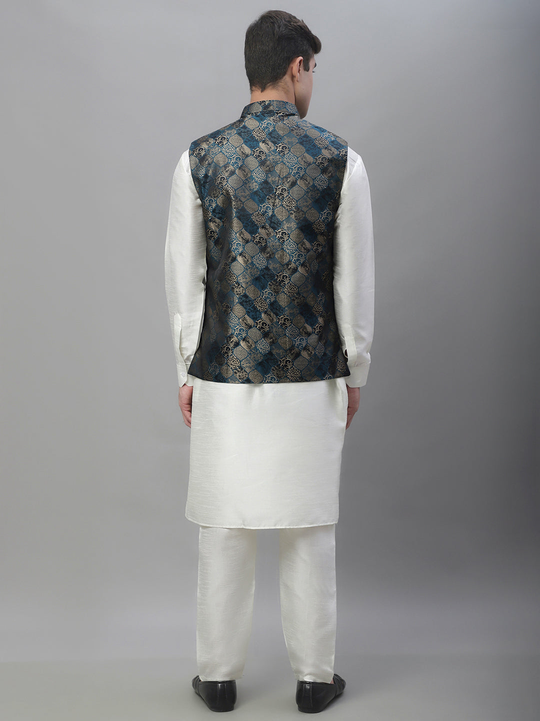 Solid Kurta Pyjama with Woven Design Nehru Jacket ( ANMKPWC 110W 7002Teal )