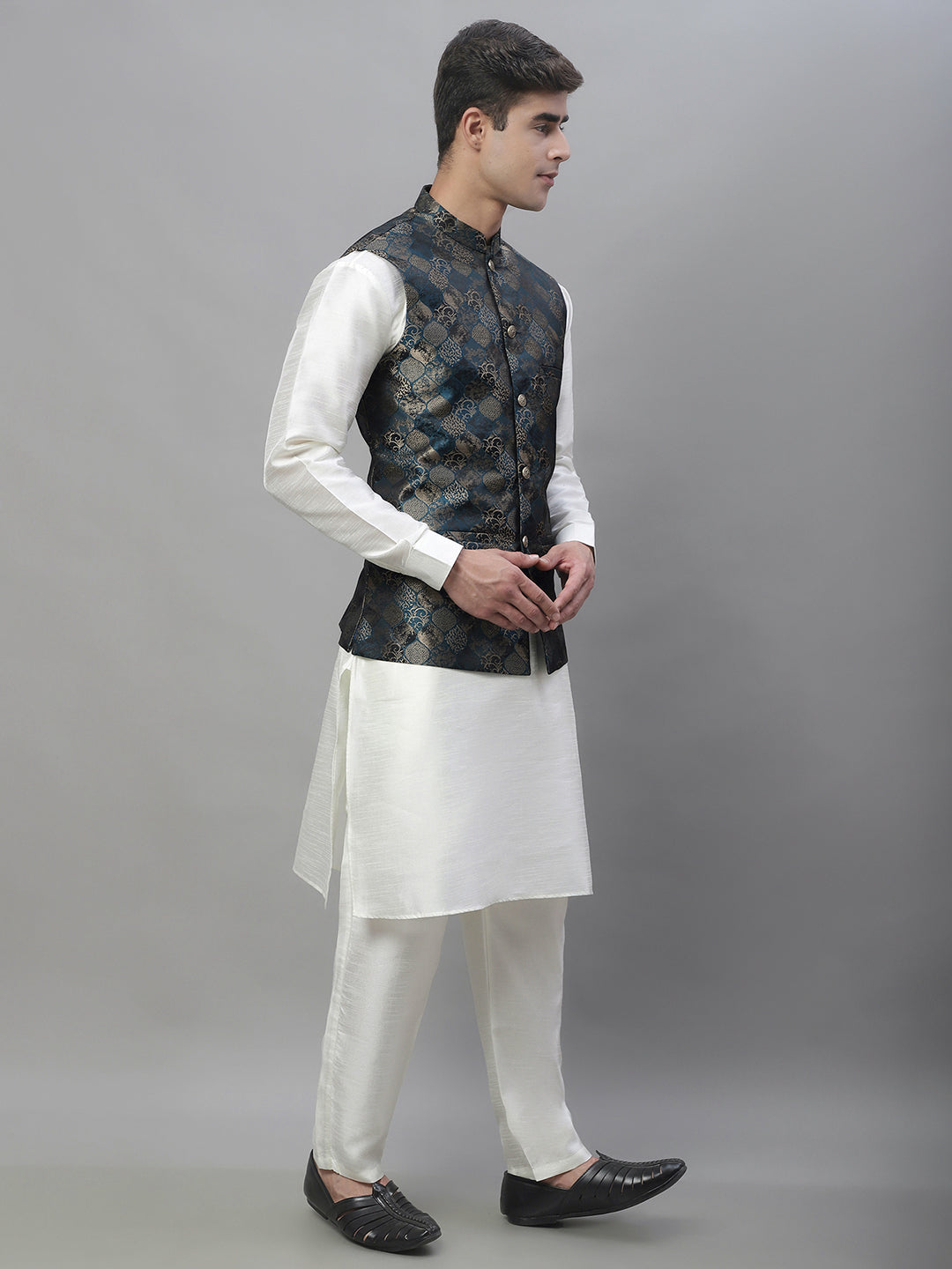 Solid Kurta Pyjama with Woven Design Nehru Jacket ( ANMKPWC 110W 7002Teal )