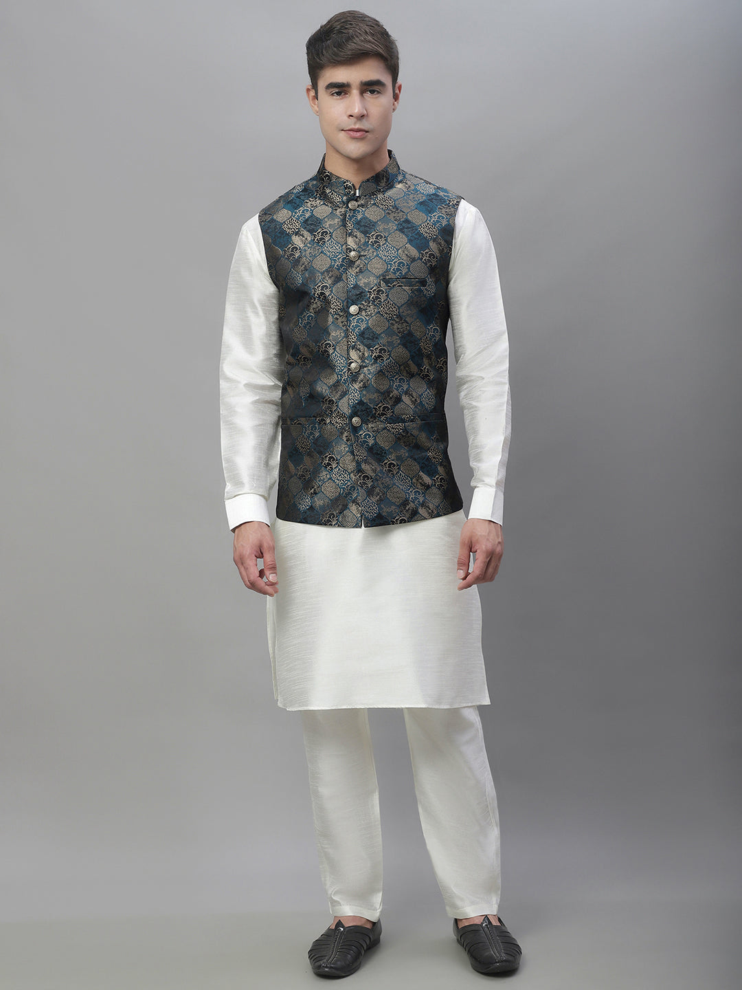 Solid Kurta Pyjama with Woven Design Nehru Jacket ( ANMKPWC 110W 7002Teal )