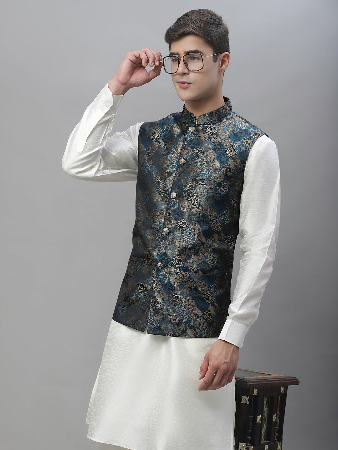 Solid Kurta Pyjama with Woven Design Nehru Jacket ( ANMKPWC 110W 7002Teal )