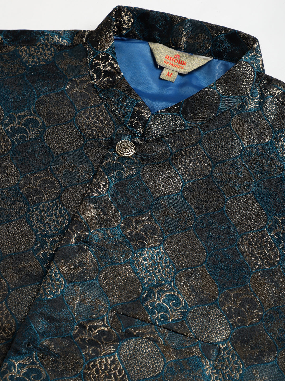 Solid Kurta Pyjama with Woven Design Nehru Jacket ( ANMKPWC 110W 7002Teal )