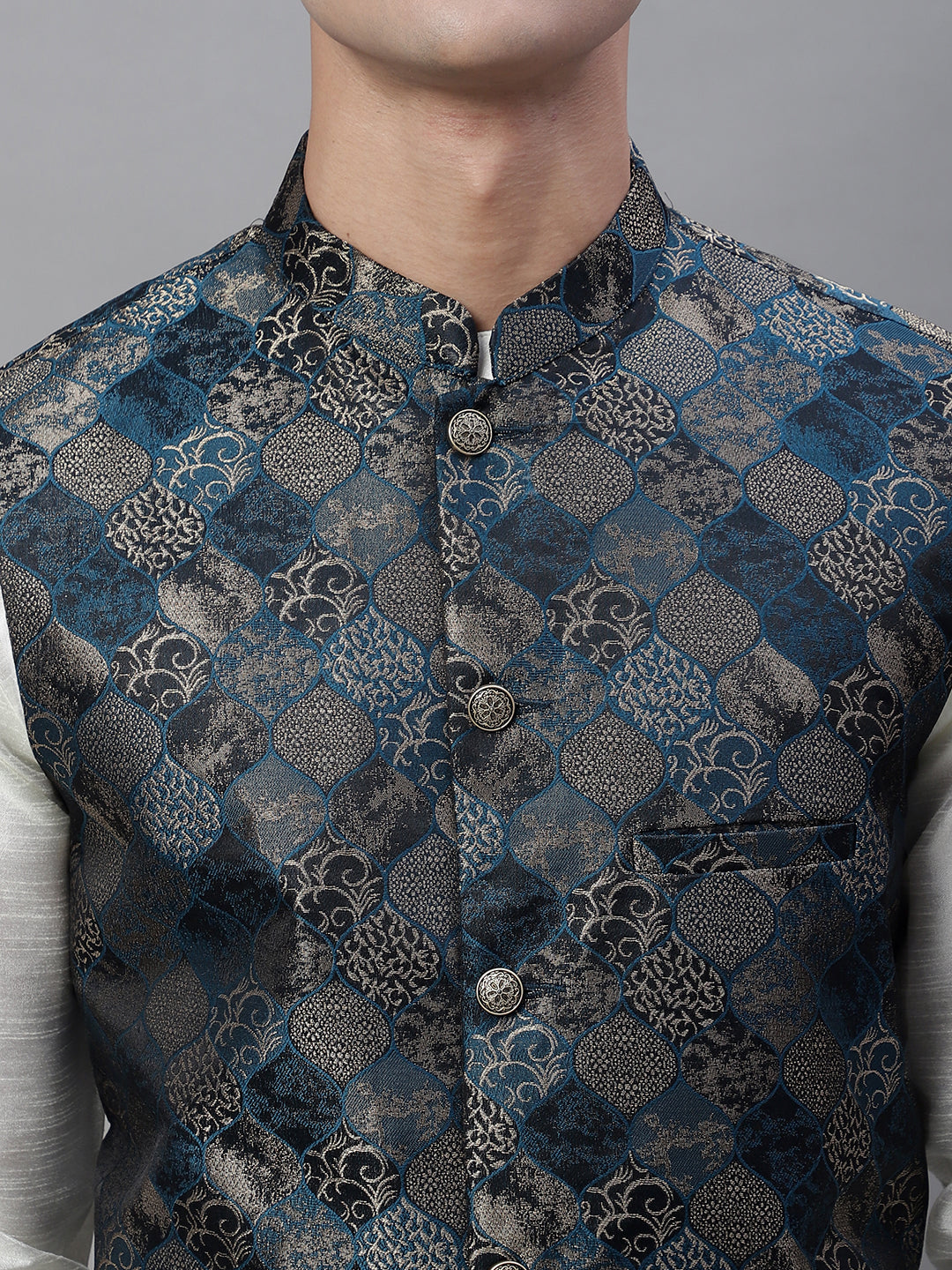 Solid Kurta Pyjama with Woven Design Nehru Jacket ( ANMKPWC 110W 7002Teal )