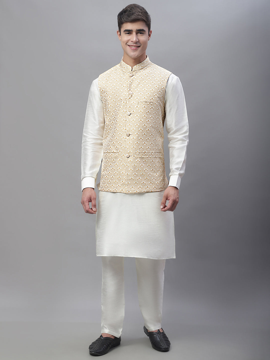 Solid Kurta Pyjama with Woven Design Nehru Jacket ( ANMKPWC 110W 7003Cream )