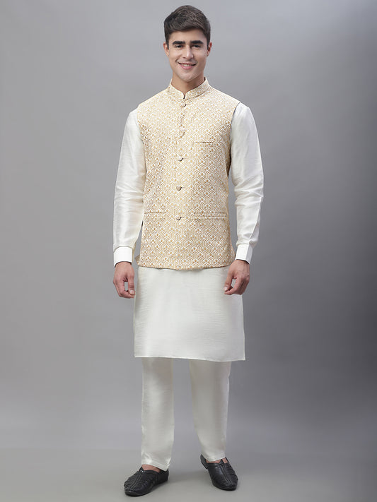 Solid Kurta Pyjama with Woven Design Nehru Jacket ( ANMKPWC 110W 7003Cream )