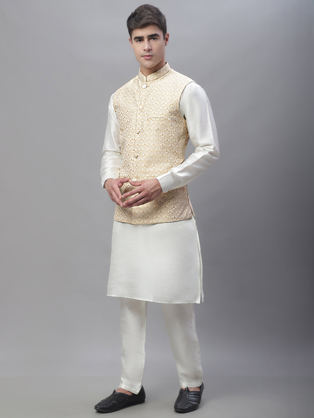 Solid Kurta Pyjama with Woven Design Nehru Jacket ( ANMKPWC 110W 7003Cream )