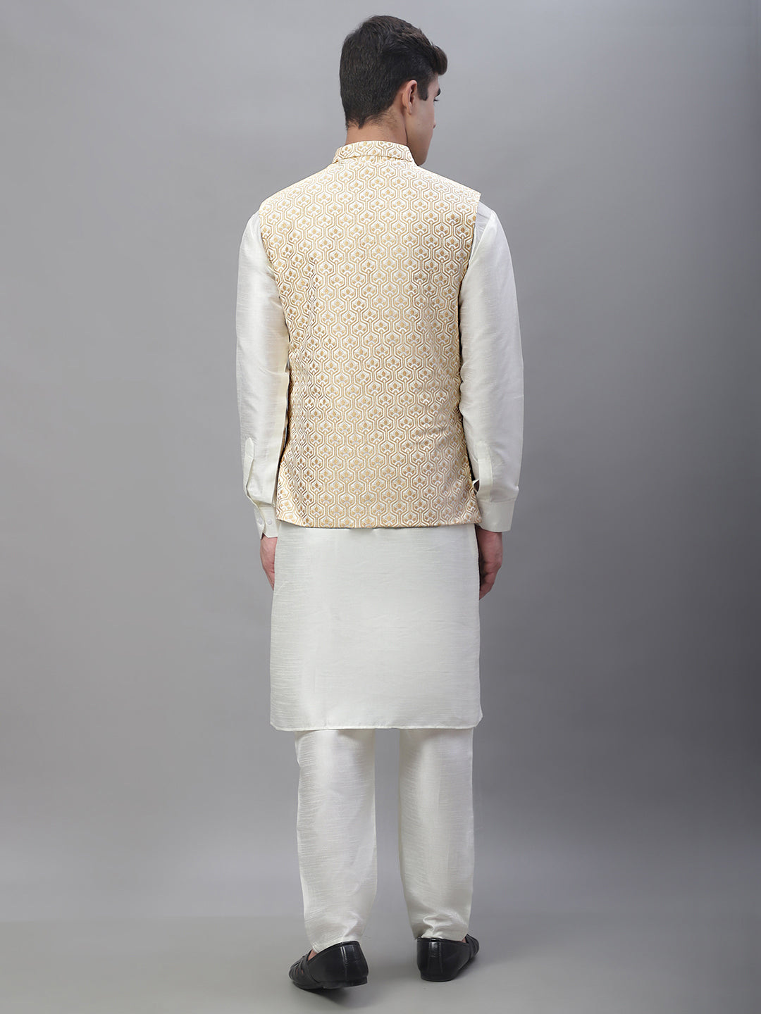Solid Kurta Pyjama with Woven Design Nehru Jacket ( ANMKPWC 110W 7003Cream )