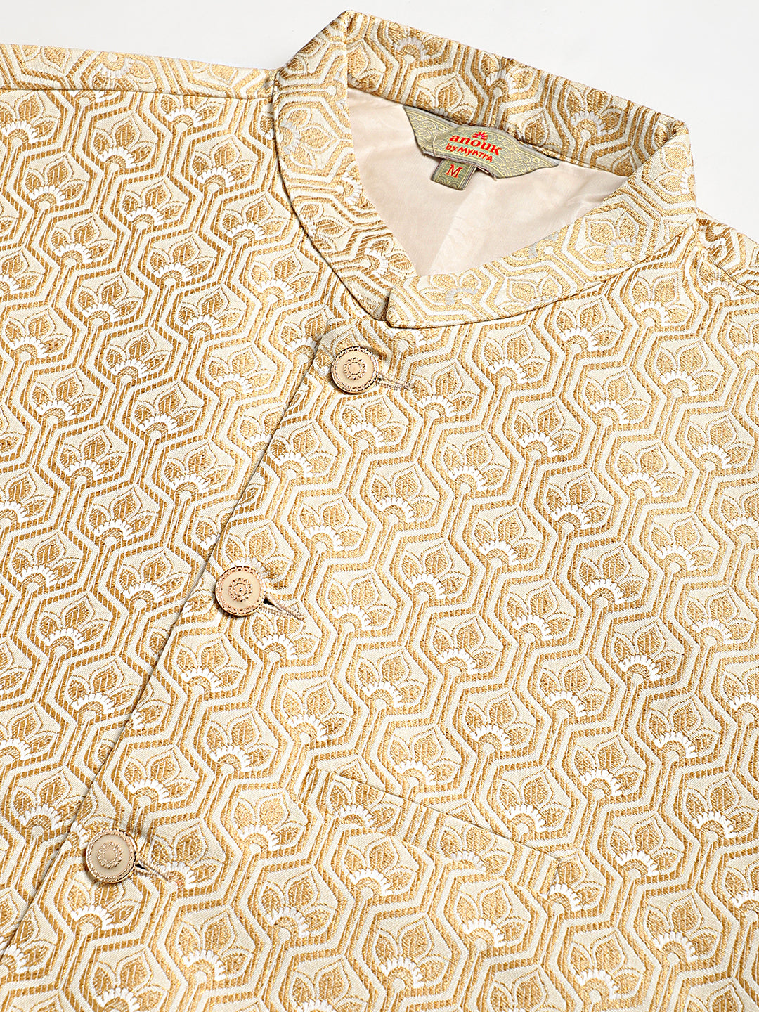 Solid Kurta Pyjama with Woven Design Nehru Jacket ( ANMKPWC 110W 7003Cream )