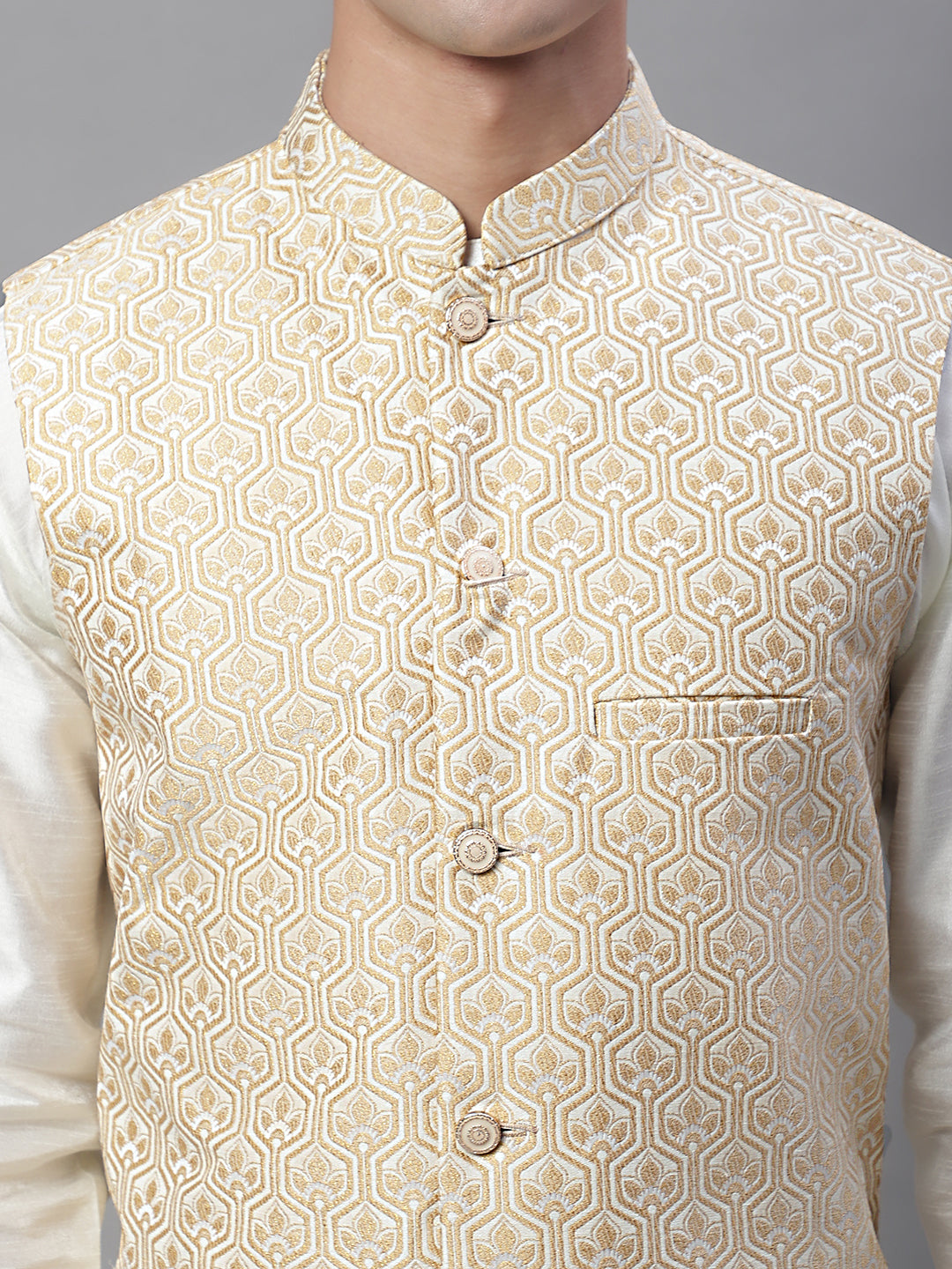 Solid Kurta Pyjama with Woven Design Nehru Jacket ( ANMKPWC 110W 7003Cream )