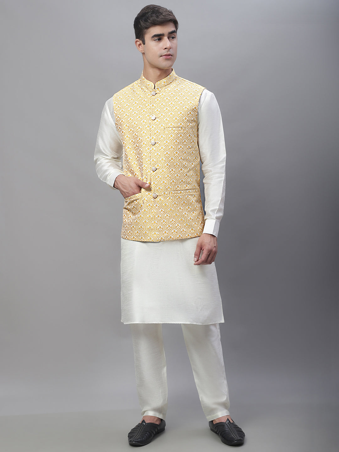Solid Kurta Pyjama with Woven Design Nehru Jacket ( ANMKPWC 110W 7003Golden )