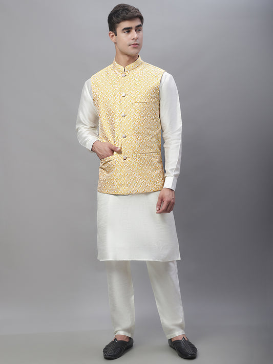 Solid Kurta Pyjama with Woven Design Nehru Jacket ( ANMKPWC 110W 7003Golden )