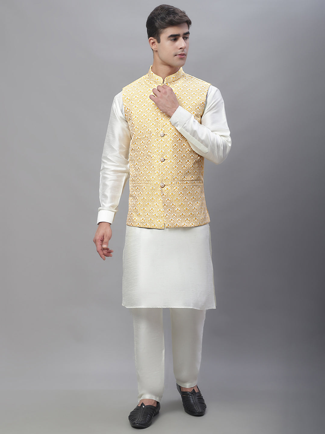 Solid Kurta Pyjama with Woven Design Nehru Jacket ( ANMKPWC 110W 7003Golden )
