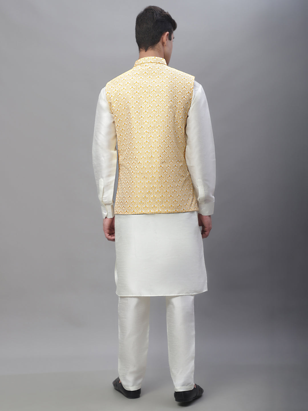 Solid Kurta Pyjama with Woven Design Nehru Jacket ( ANMKPWC 110W 7003Golden )