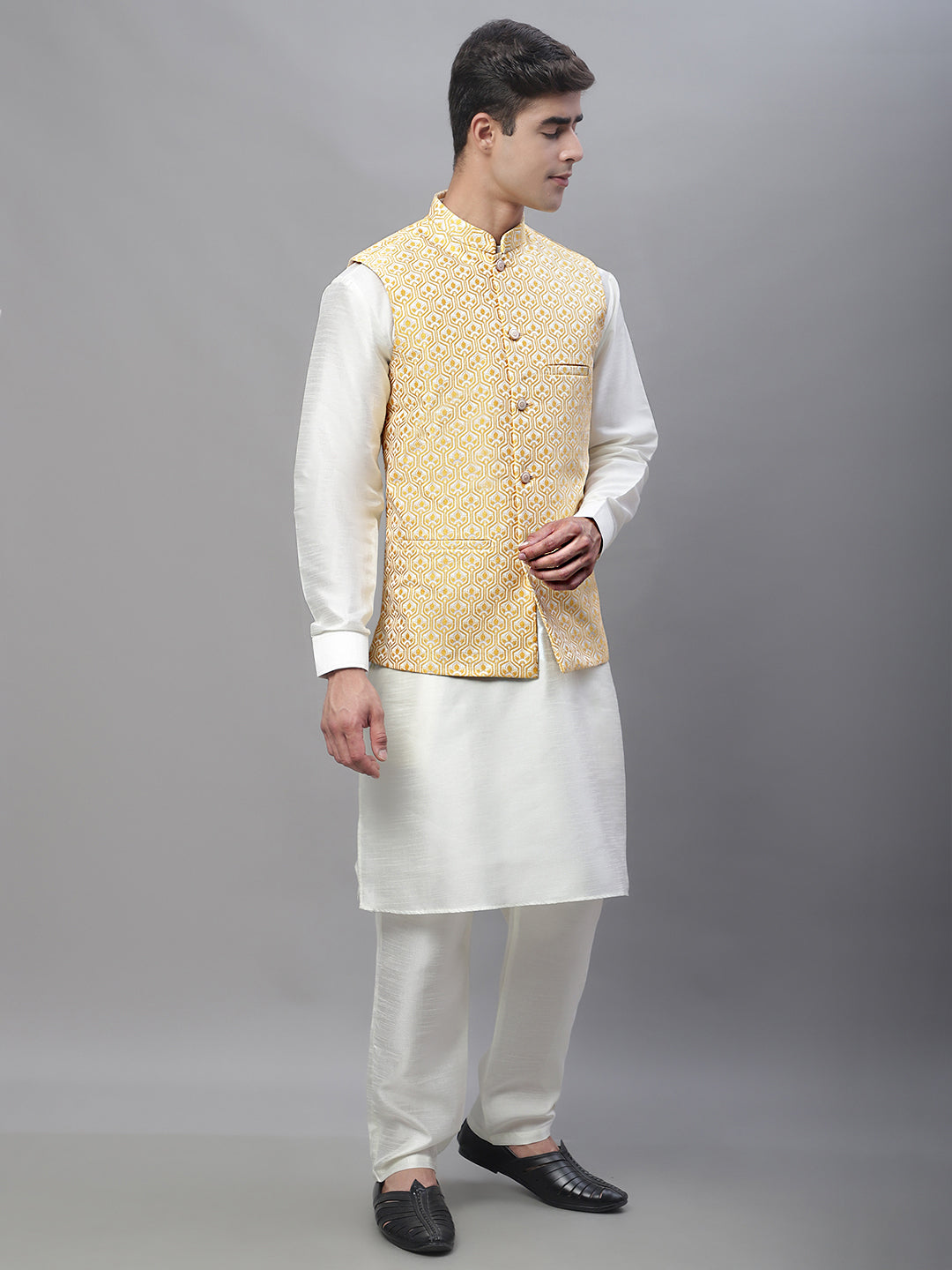 Solid Kurta Pyjama with Woven Design Nehru Jacket ( ANMKPWC 110W 7003Golden )
