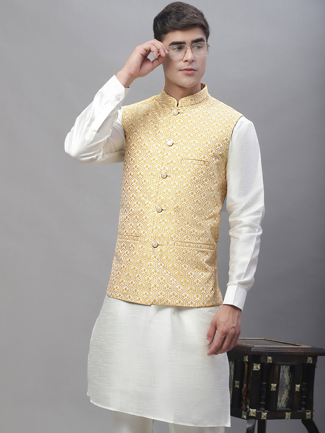 Solid Kurta Pyjama with Woven Design Nehru Jacket ( ANMKPWC 110W 7003Golden )