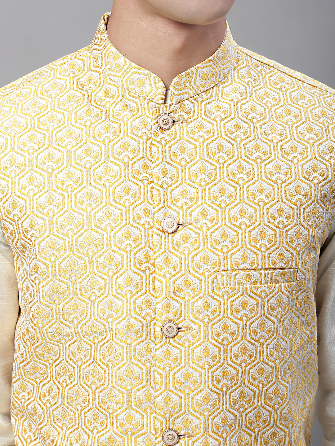 Solid Kurta Pyjama with Woven Design Nehru Jacket ( ANMKPWC 110W 7003Golden )