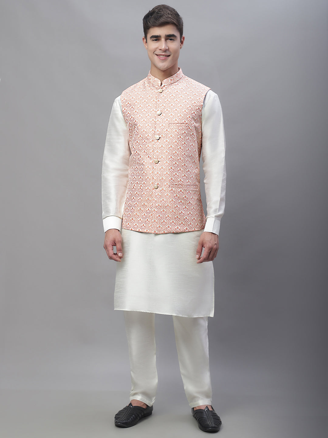 Solid Kurta Pyjama with Woven Design Nehru Jacket ( ANMKPWC 110W 7003Peach )